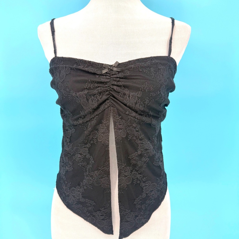 Mixed Threads Los Angeles Black Sheer Lace Split Front Babydoll‎ Top Size M